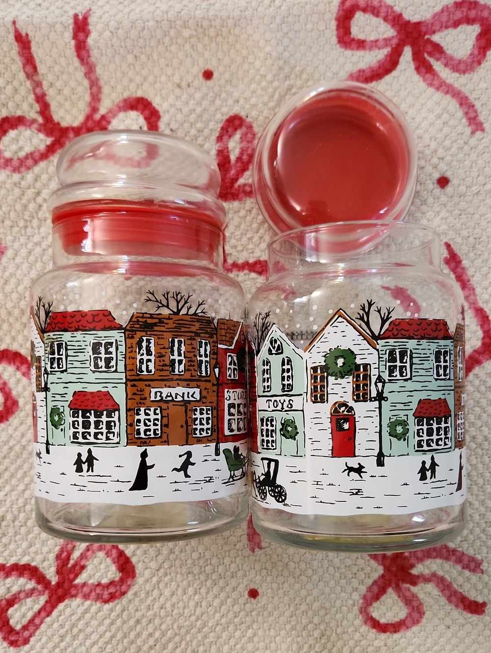 Libbey Holiday Village Glass Canister Pair with Red Lids